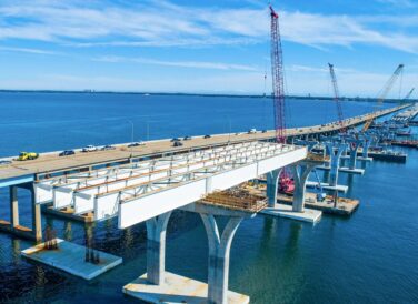 Pensacola Bay Bridge under construction above water